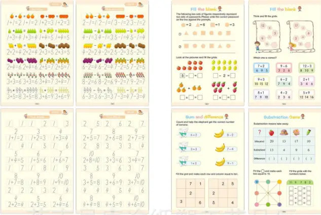 Educational math worksheet pages from the Sank Magic Practice Copybook Set for Kids Preschoolers feature colorful illustrations and engaging exercises designed for early childhood learning.