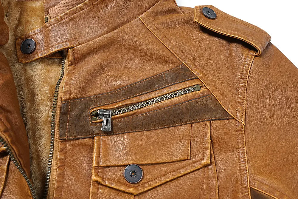 Chaqueta de invierno de forro polar de PU para hombre con capucha, de cuero sintético color camel, con detalles marrones e interior acolchado forrado con pelo, diseñada para clima frío.