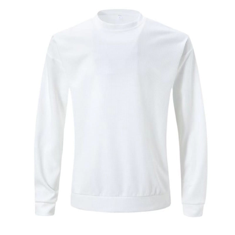 Ein weißer, langärmeliger Sweatshirt-Pullover mit Rundhalsausschnitt aus weichem Baumwoll-Mischgewebe, dargestellt als Herren-Langarm-Pullover aus Strick mit strukturierter Oberfläche.