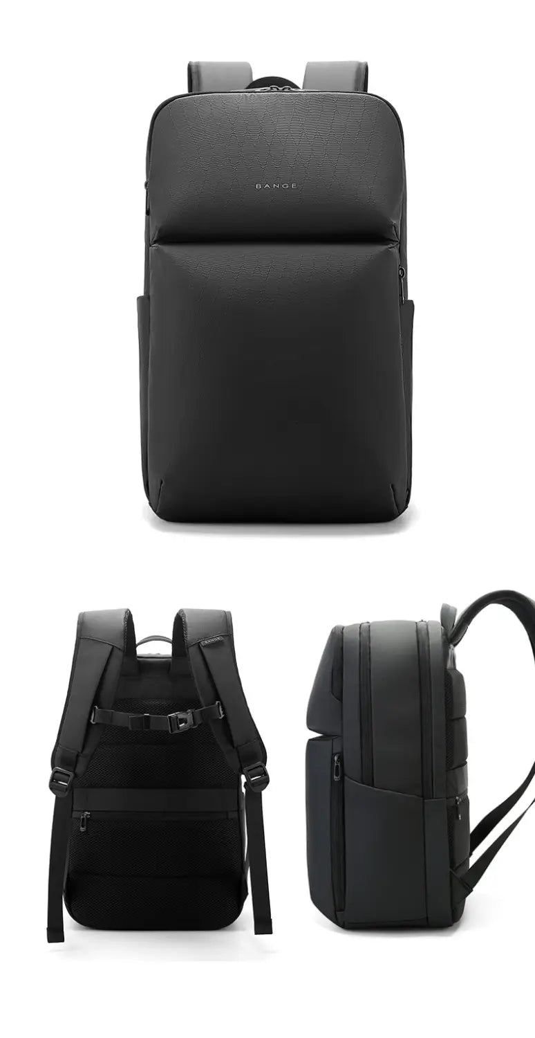 Black textured laptop backpack with subtle brand logo on front designed as a business commuter backpack with large capacity and durable material.
