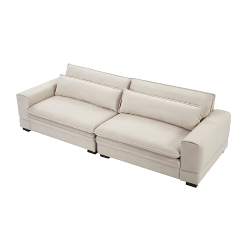 Beigefarbene gepolsterte Mid-Century-Modern-4-Sitzer-Fabric-Sektionsecke mit klaren Linien und gepolsterten Kissen, mit einer Breite von 105 Zoll.
