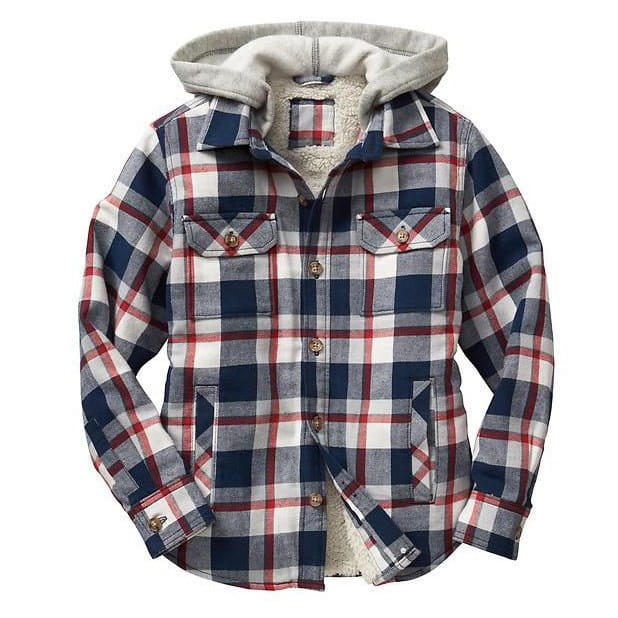 Men quilted plaid hooded jacket in navy red and white with a soft fleece lining and cozy flannel material.
