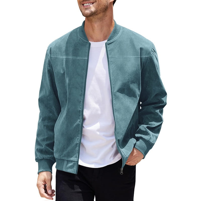 Men suede casual retro jacket in teal featuring a suede material and casual bomber style
