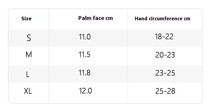Size chart for tan tactical gloves with reinforced knuckles showing palm face and hand circumference measurements in centimeters for sizes s through xl.