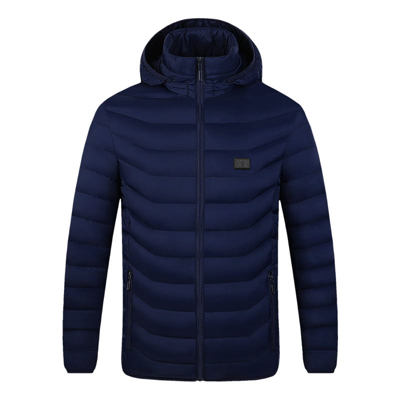 Navy blue quilted electric heated jacket with a detachable hood and a small rectangular logo patch on the left chest.