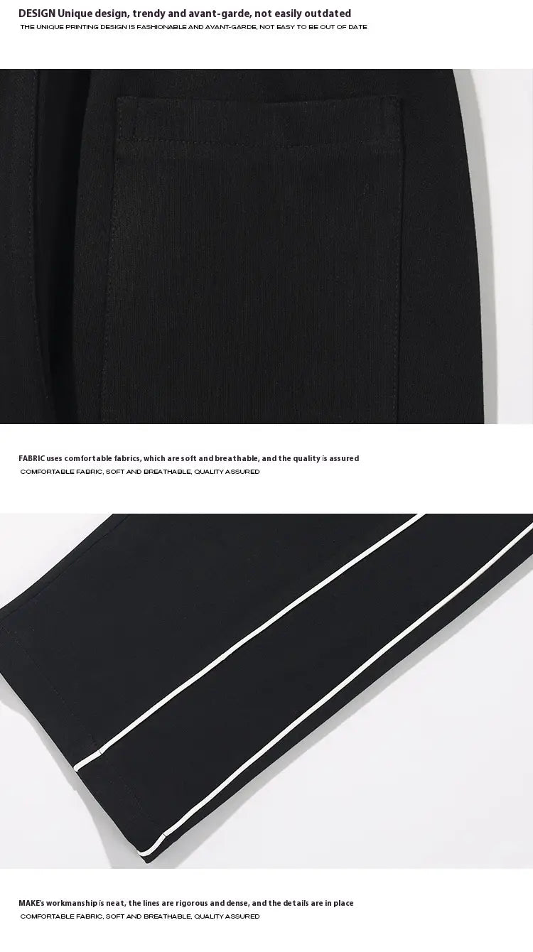 Black wide leg trousers featuring white side stripes suitable for casual and athletic wear.