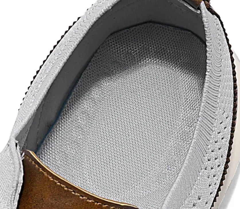 light gray mesh insole with brown leather trim for men’s mesh knit casual lightweight sneakers