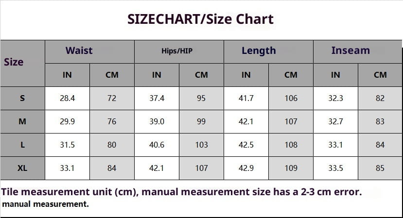 Tableau des tailles pour les jeans casual droits à taille mi-basse ample pour femmes, indiquant les mesures en pouces et en centimètres, du S au XL.