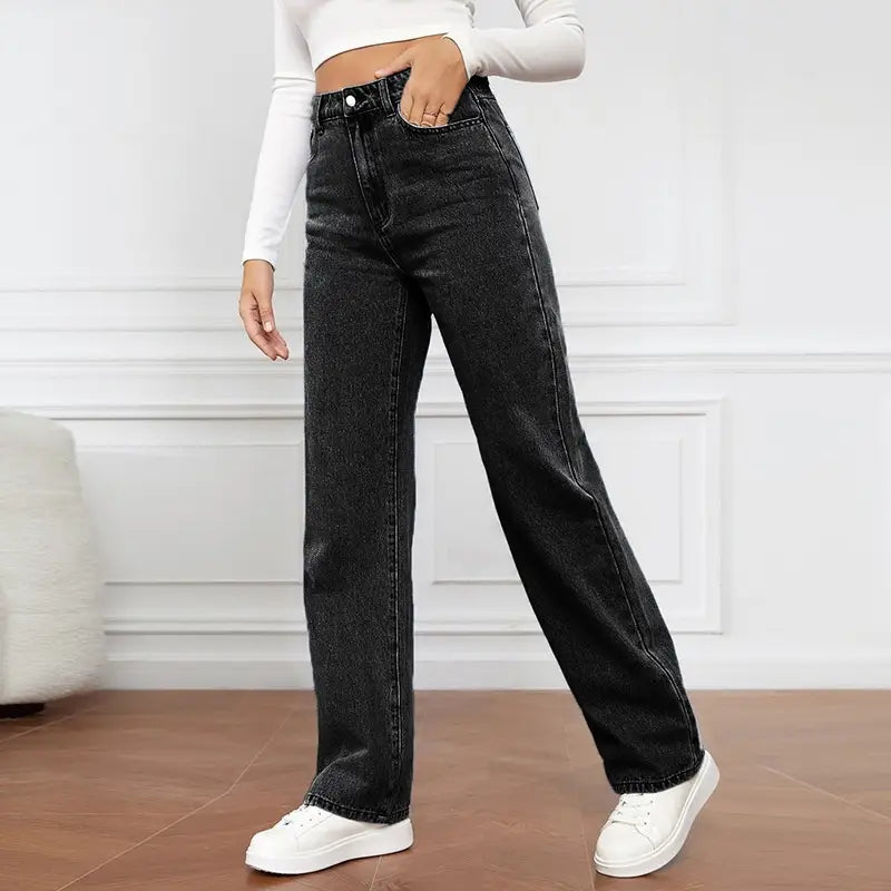High waisted black denim jeans for women with a straight leg cut and classic high waist design.