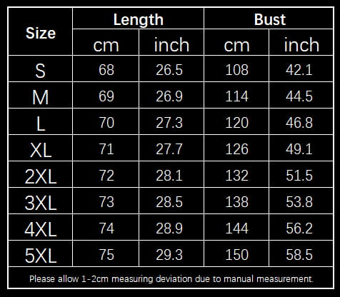 The table displays size measurements in centimeters and inches for a men’s winter fleece lined hooded jacket with leather accents ranging from small to 5XL with length and bust dimensions.