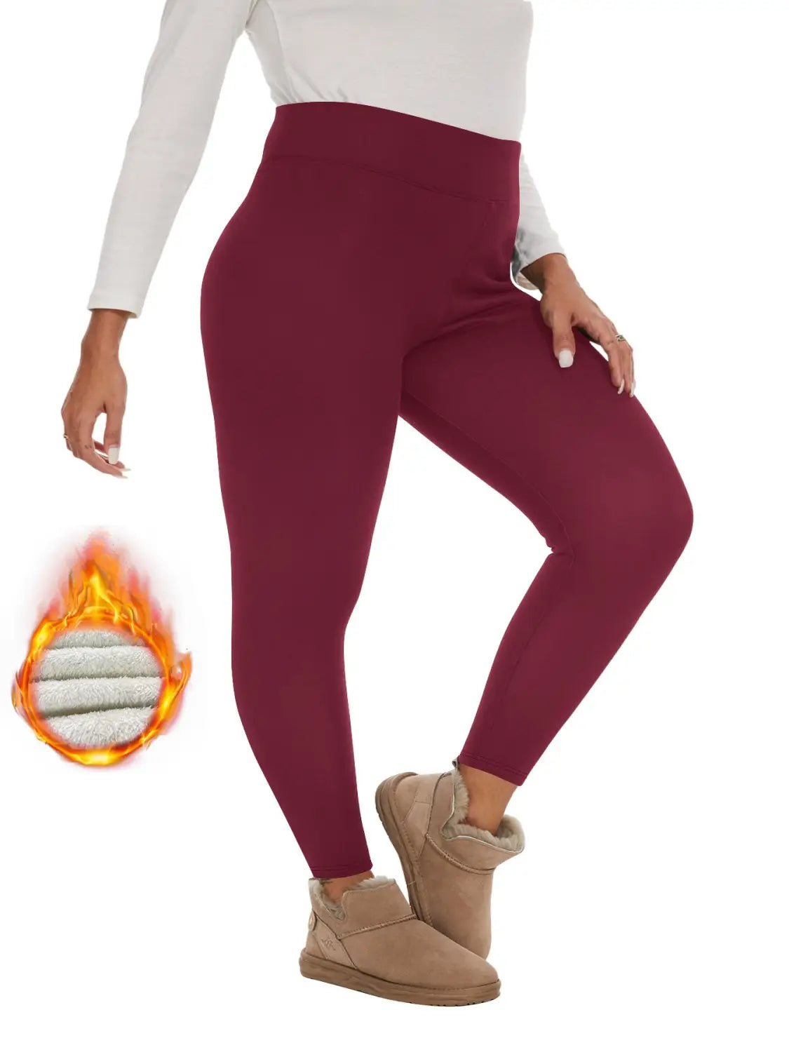 Maroon fleece lined high waisted winter leggings with a plush insulated lining for warmth.