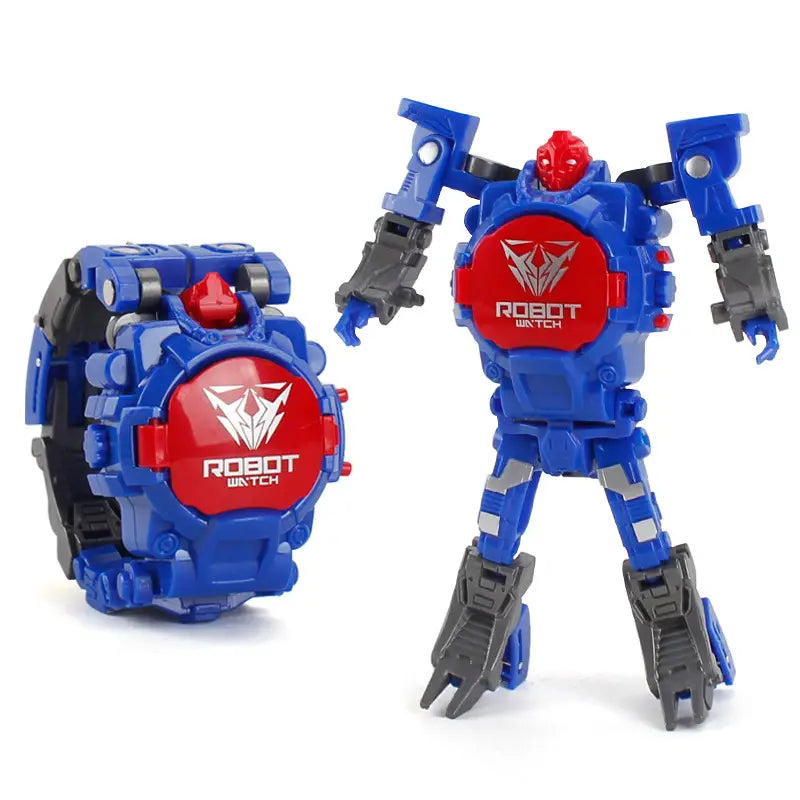 reloj azul y rojo que se transforma en robot con detalles negros, con esfera circular y extremidades articuladas del producto reloj de robot deformable para niños, juguete transformable, 2 en 1.