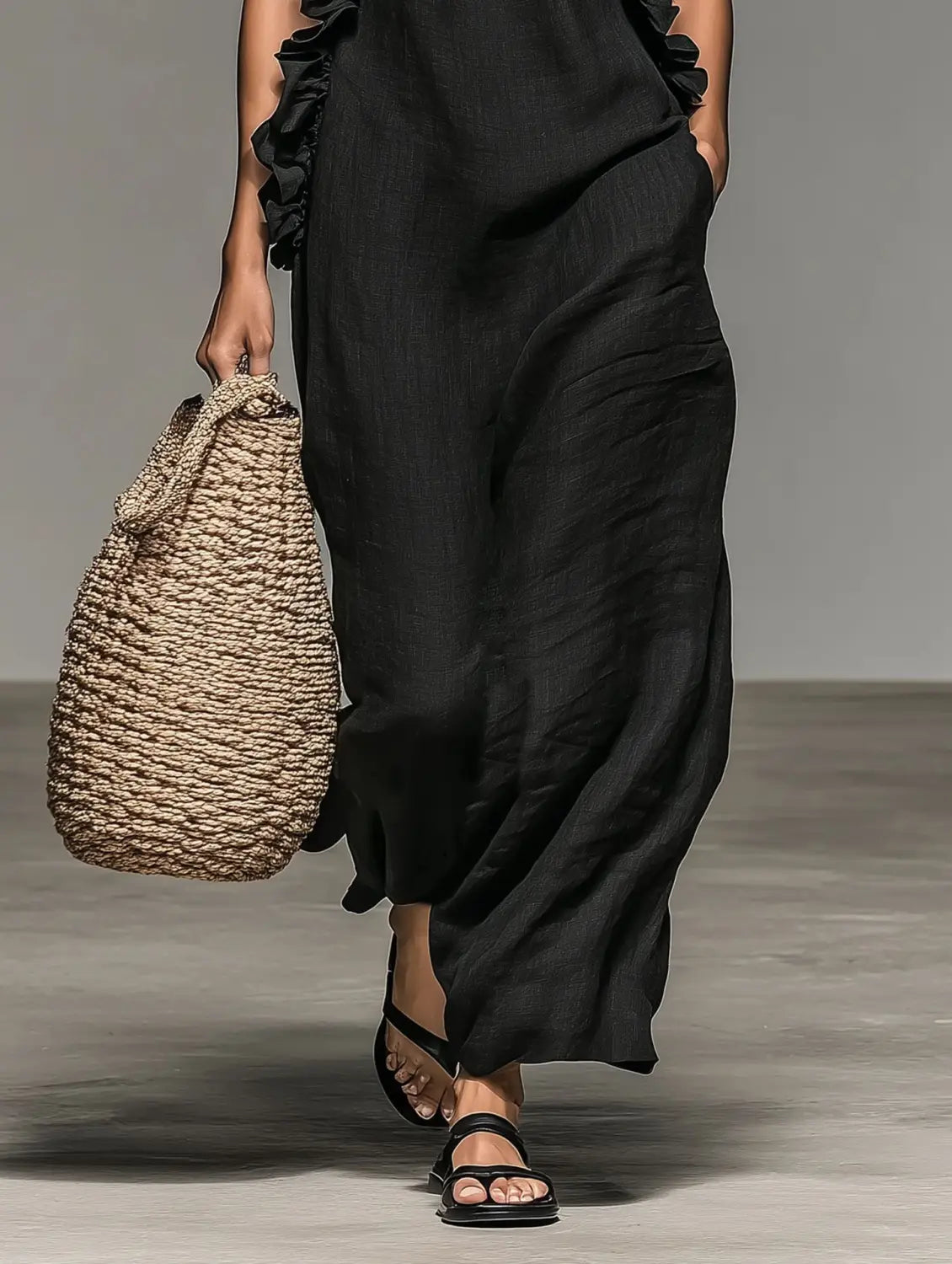 Robe de villégiature longue maxi à encolure licou à volants et dos nu