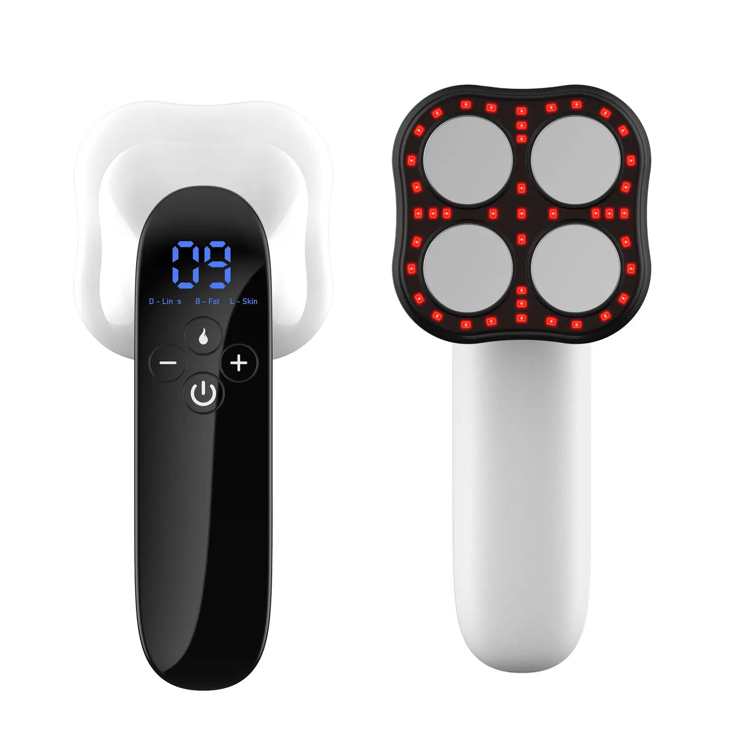 Black and white portable infrared led slimming and facial beauty device with four circular red light panels on the head unit for facial treatment.