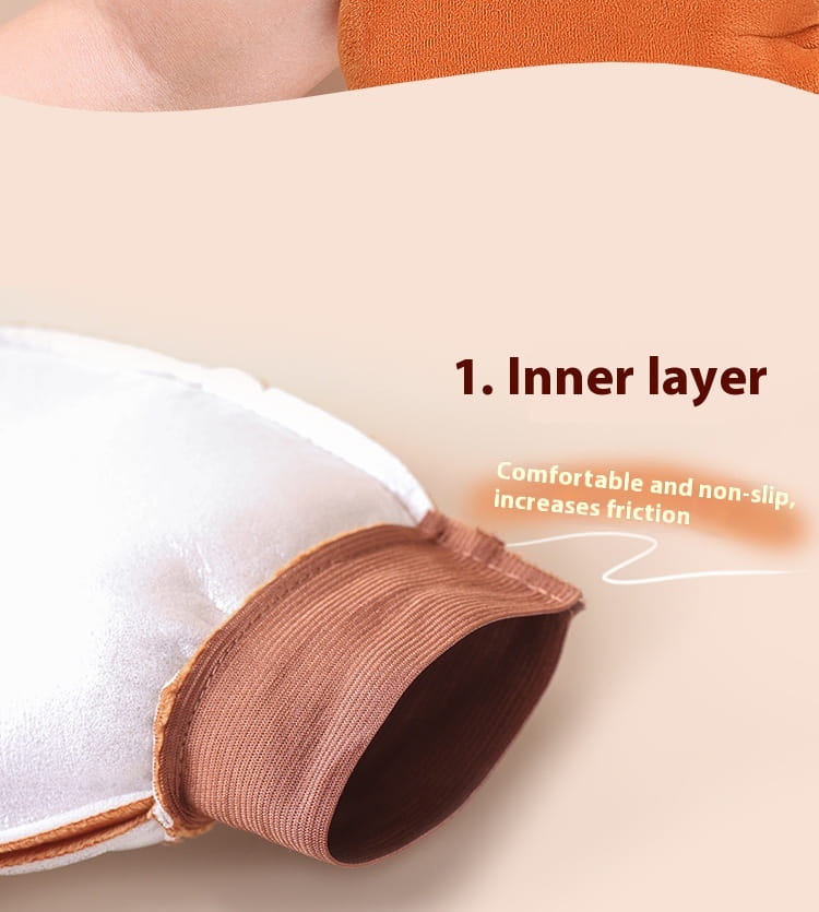 Soft white inner layer with a brown elastic band for comfort and non-slip grip on the tanning mitt and exfoliating bath glove set.