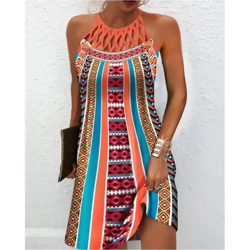 A vibrant halterneck asymmetrical midi dress featuring bold vertical stripes in orange teal and magenta with intricate geometric patterns.
