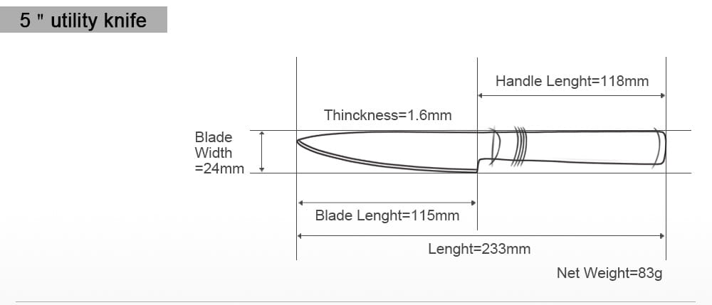 Un cuchillo utilitario de 5 pulgadas con una hoja de 24 mm de ancho y 1,6 mm de espesor, y un mango de resina azul de 118 mm que pesa 83 g del conjunto del set de cuchillos utilitarios damasco de 7 piezas.