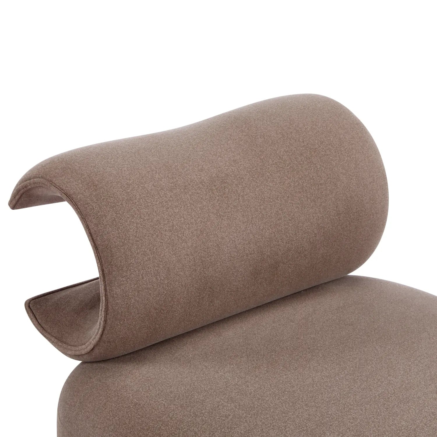 A sleek taupe-colored upholstered headrest with soft textured polyester fabric on the modern brown polyester pet friendly accent chair.