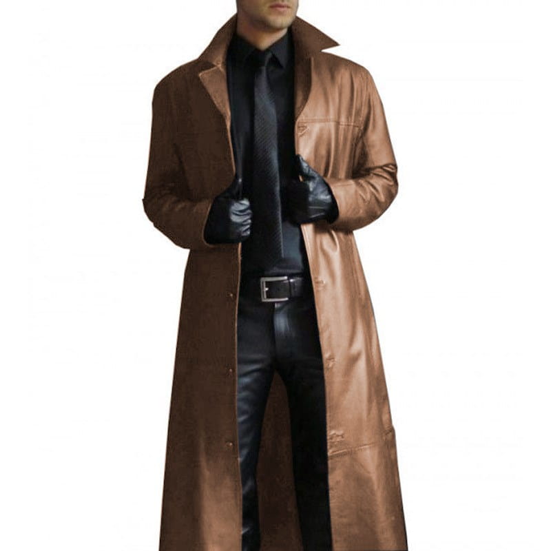 A sleek long brown leather trench coat for men with a classic collar and buttoned front.