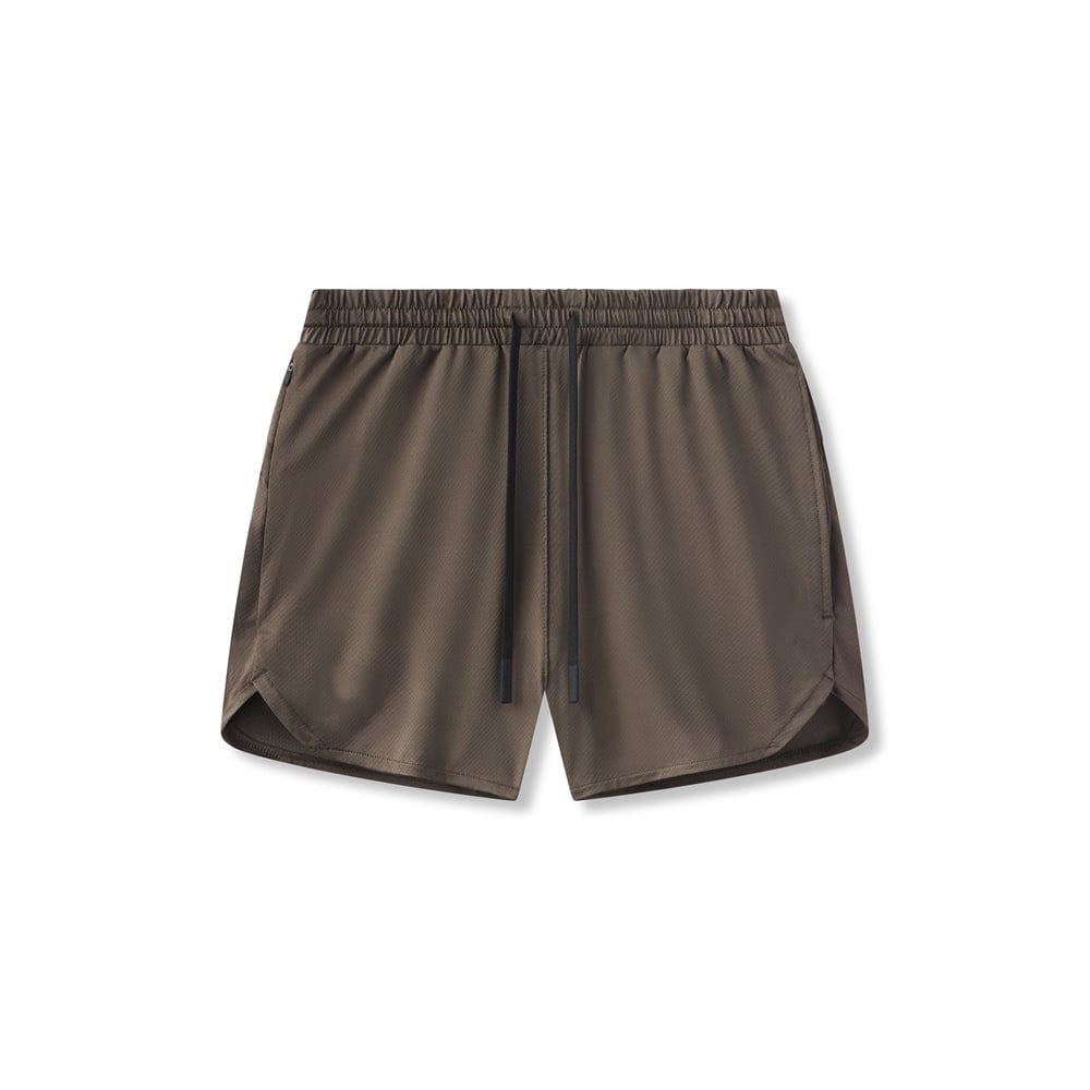 Dark olive green men quick dry athletic sports shorts with a drawstring waistband and subtle side slits.