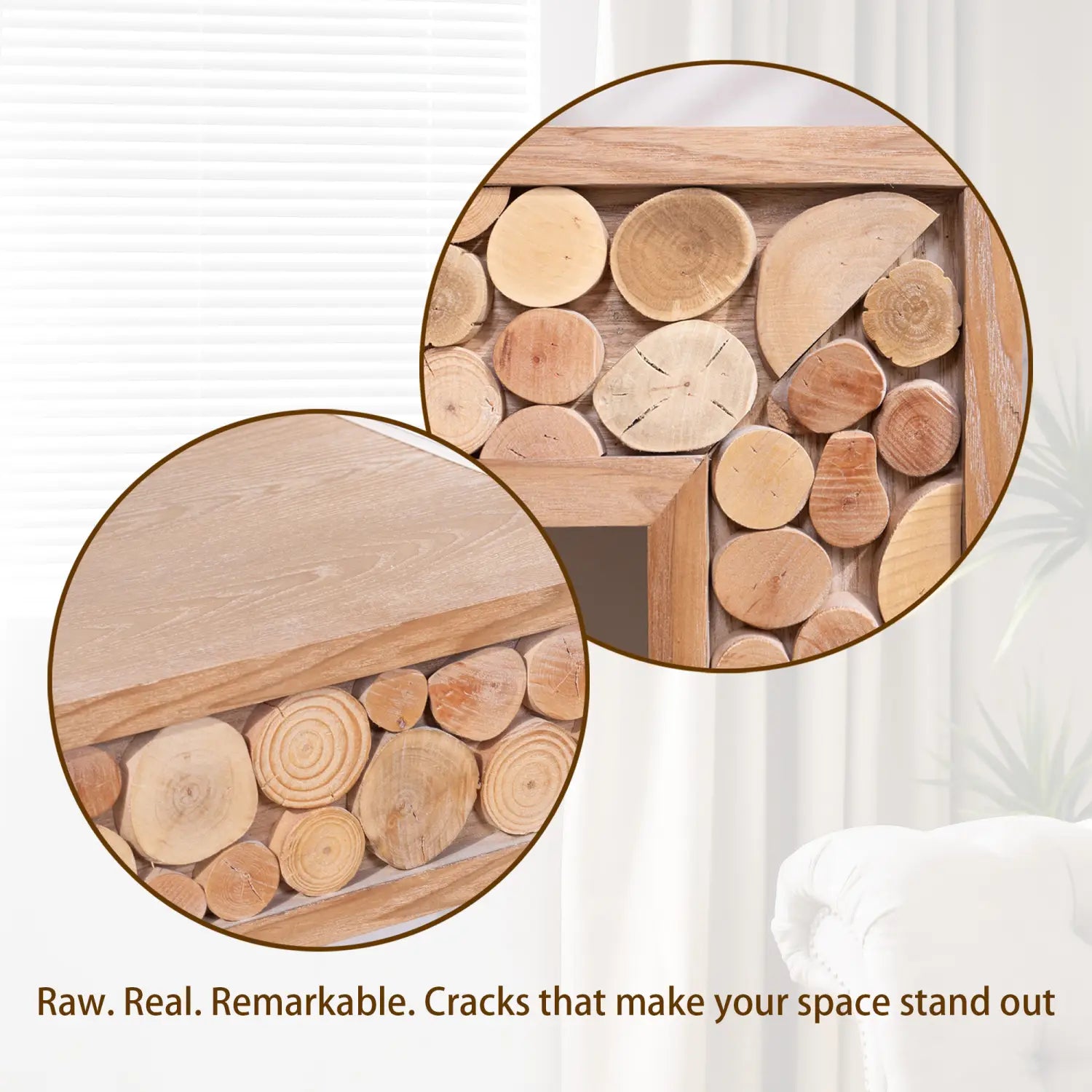 Arte mural de rebanadas de madera natural con un diseño rústico y sin acabado, con secciones transversales circulares variadas que muestran patrones de veta sobre una mesa consola rústica de madera con acentos de troncos naturales 62