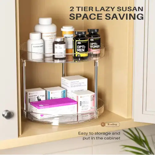 clear acrylic two-tier lazy susan shelf with chrome metal frame designed as a rotating spice rack turntable pack of 2