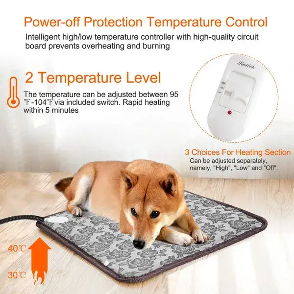 Gray floral-patterned waterproof electric pet heating pad with a white remote control for safe and comfortable pet warmth.