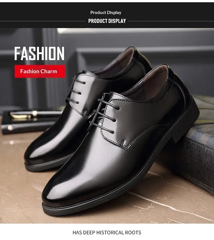 Men’s genuine leather low top business shoes in black patent leather with lace-up oxford design and polished finish