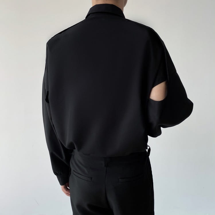 men oversized long sleeve button up shirt in black satin with cut-out sleeves shown from the front