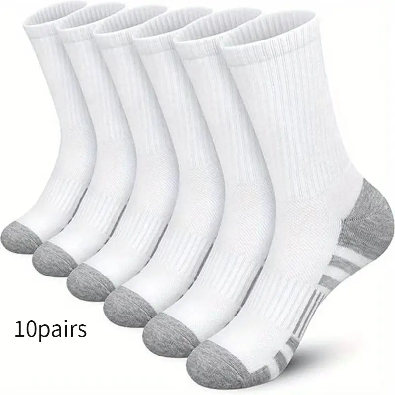 chaussettes de sport épaisses pour grandes tailles (plus size) blanches, en coton respirant, avec finitions au niveau du bout et du talon en gris, texture côtelée et trois rayures horizontales sur le côté.