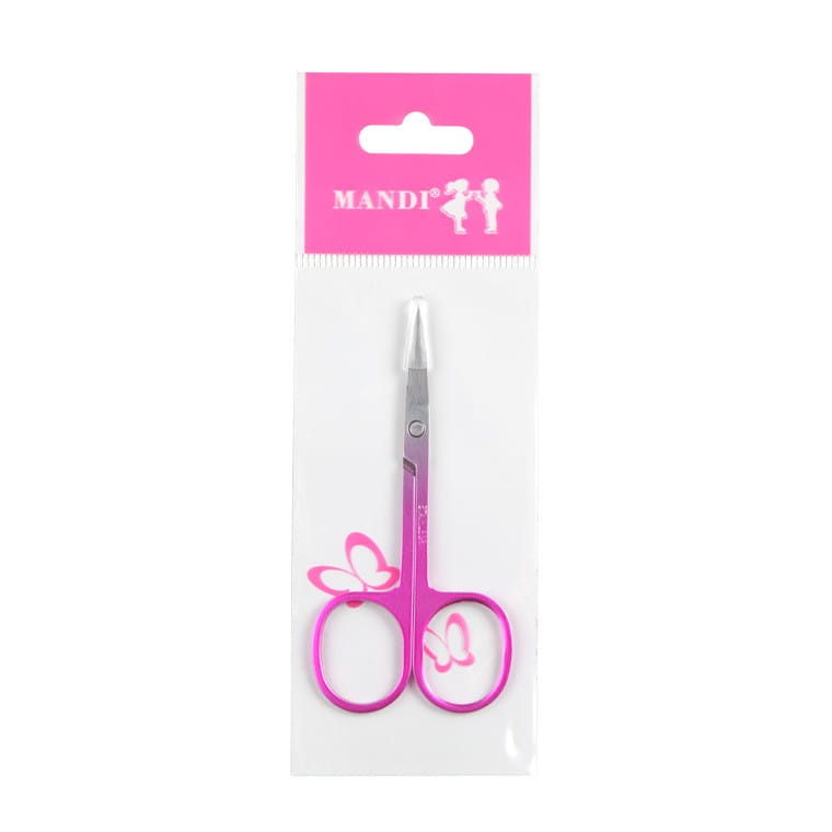 Ciseaux irisés pour taille-brow sourcils en forme de papillon en acier inoxydable, poignées roses, lames métalliques, emballés dans un plastique transparent avec un en-tête rose.