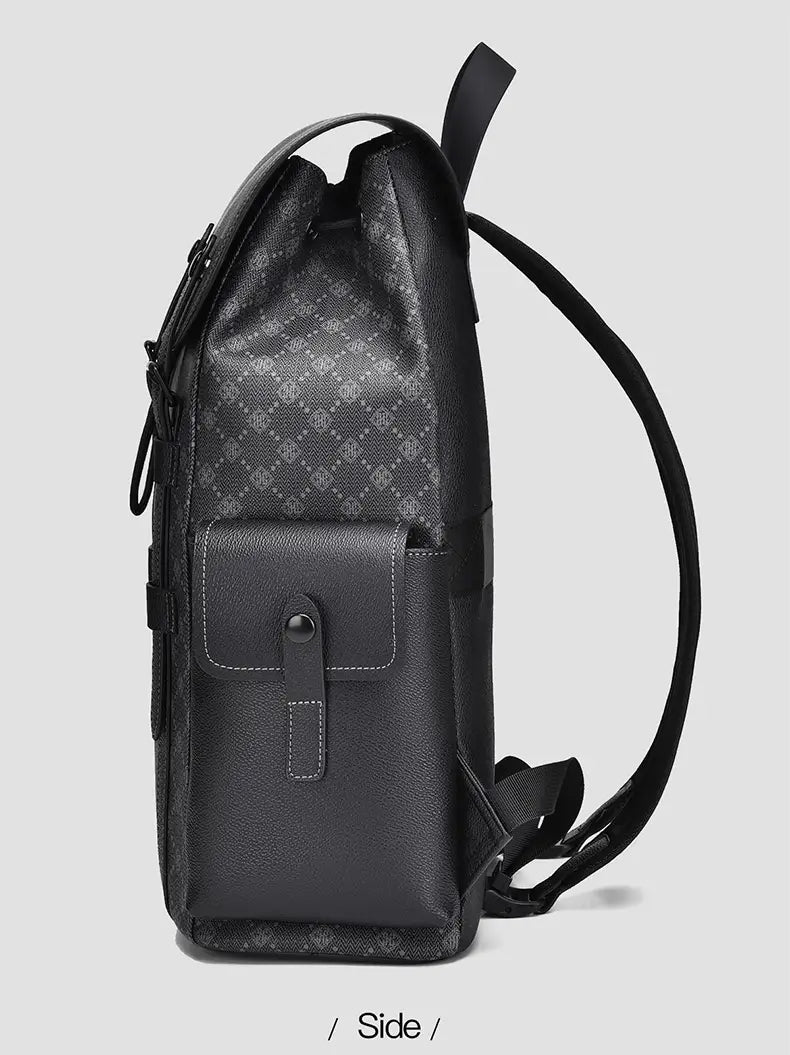 Men’s leather business travel backpack in black with a subtle gray diamond pattern on the upper section and a front flap pocket secured by a black button.