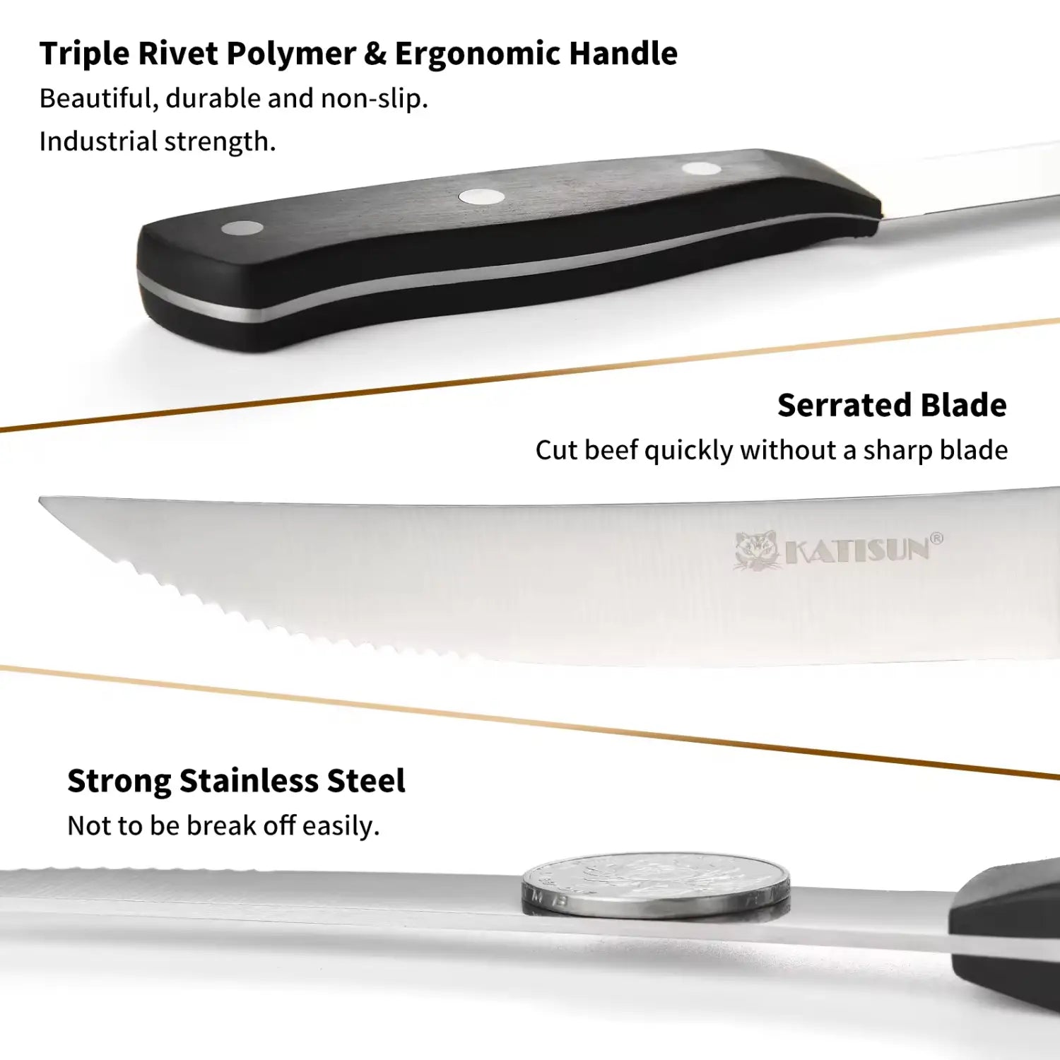 Couteau à steak à poignée en polymère noire à triple rivet, avec une lame dentelée en acier inoxydable de katisun, dans un ensemble de huit pièces comprenant une poignée en acier au carbone à plaquettes en pom.