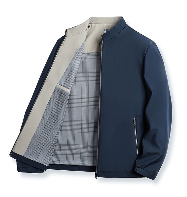 men casual polo bomber jacket in navy blue lightweight material with beige and gray plaid interior lining suitable for everyday wear