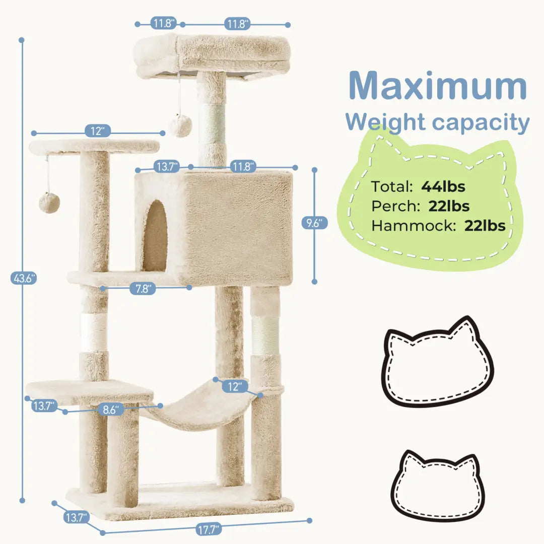 Beige 44 inch multi-level cat tree tower with sisal scratching posts, platforms, and hammock for cats.