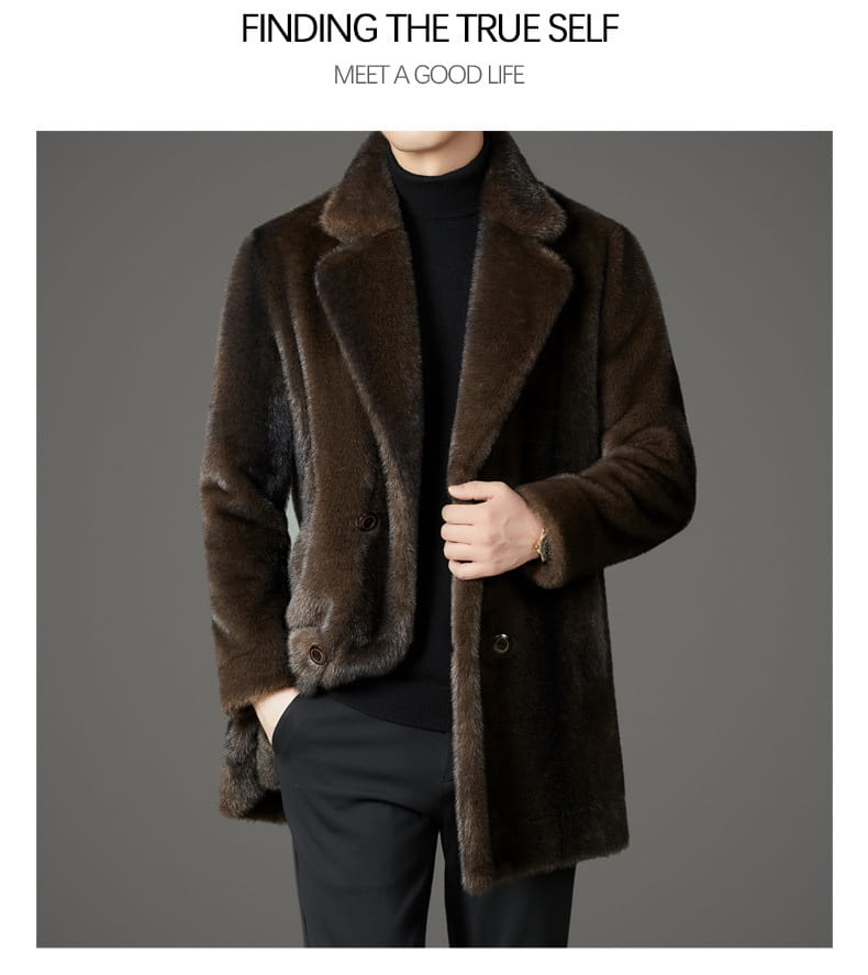 A rich brown men’s furs shearling double breasted winter coat with a plush luxurious texture and classic design.