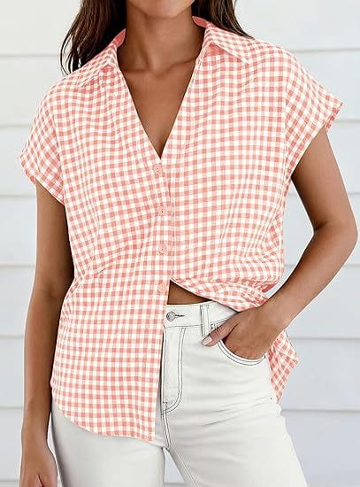 Pink and white gingham short-sleeved plaid button up blouse with a front knot and v-neckline.