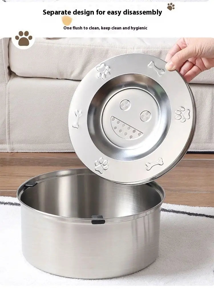 Large stainless steel pet water bowl with detachable lid featuring embossed paw prints and bone shapes for easy cleaning.