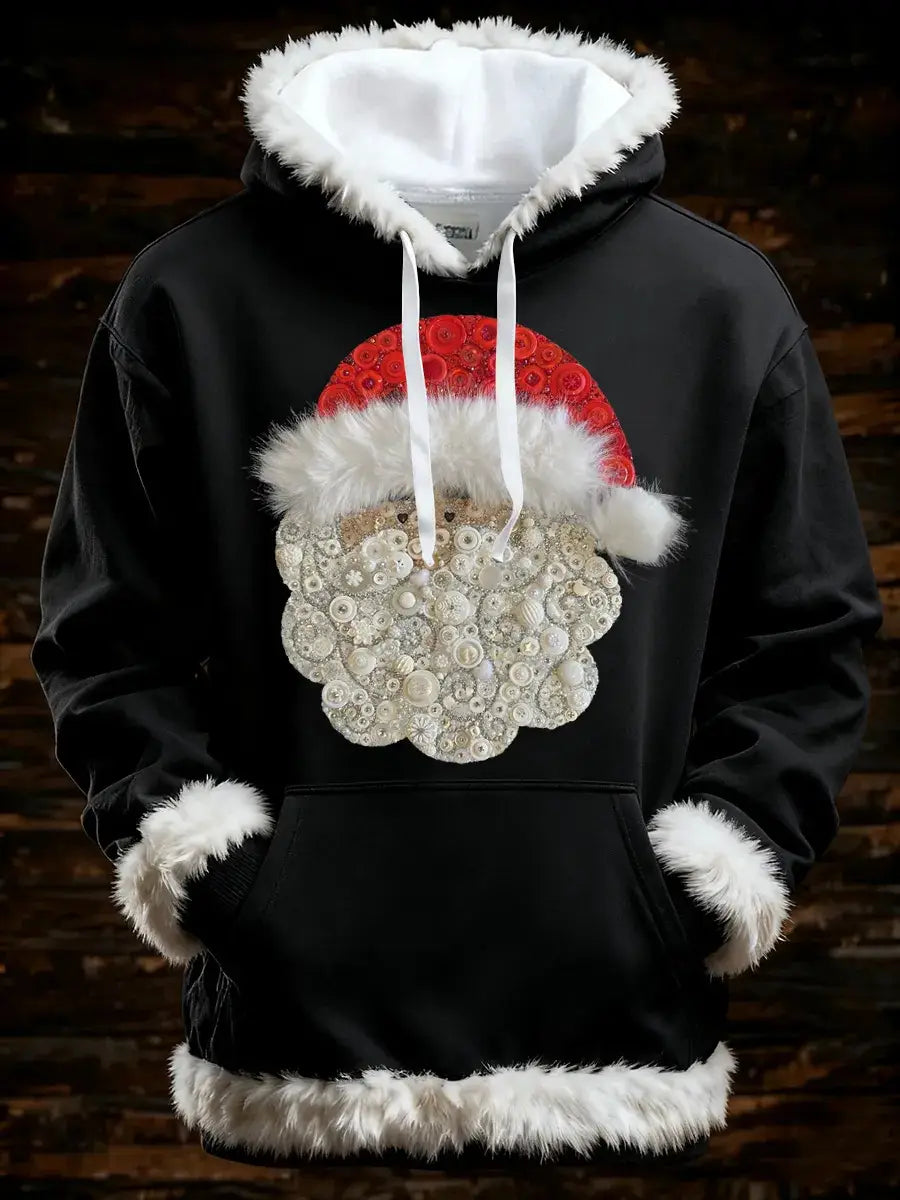 black santa claus-themed hoodie with red and white button-adorned face and fluffy white faux fur trim on hood cuffs and hem featuring pockets for holiday wear