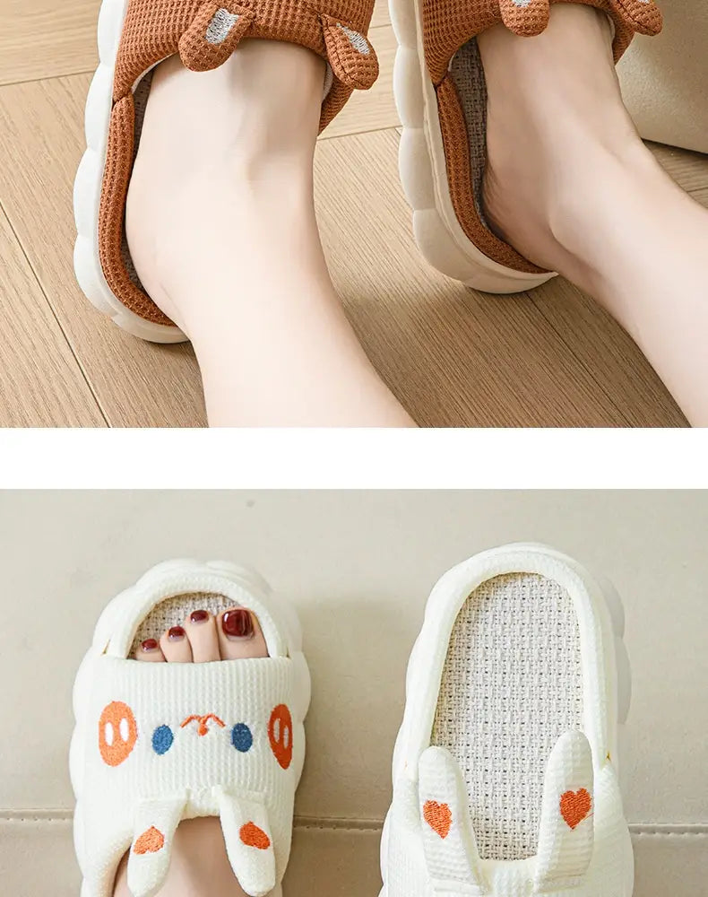 White knit cartoon animal embroidered open toe linen slippers featuring bunny design with orange facial features and heart details on the toes.