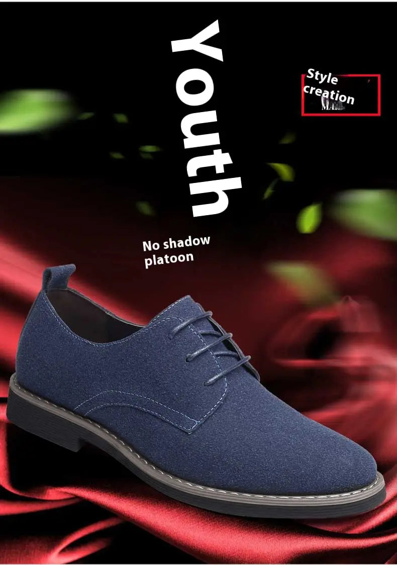 Men’s plus size British style suede casual oxford shoe in navy blue with lace-up design, black rubber sole, and white stitching.
