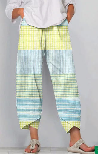 artistic printed and embroidered slimming cropped pants featuring pastel-colored wide-leg design with a patchwork of yellow and light blue grid patterns