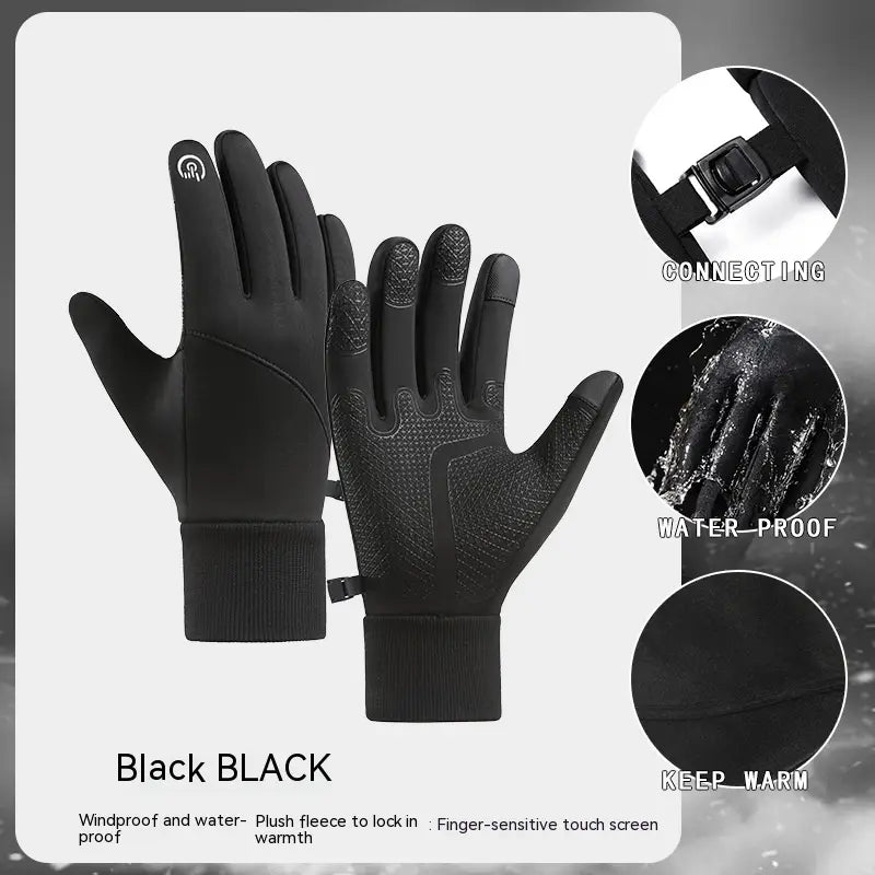 black touchscreen winter gloves with water-resistant textured palm and plush fleece interior designed for sports use