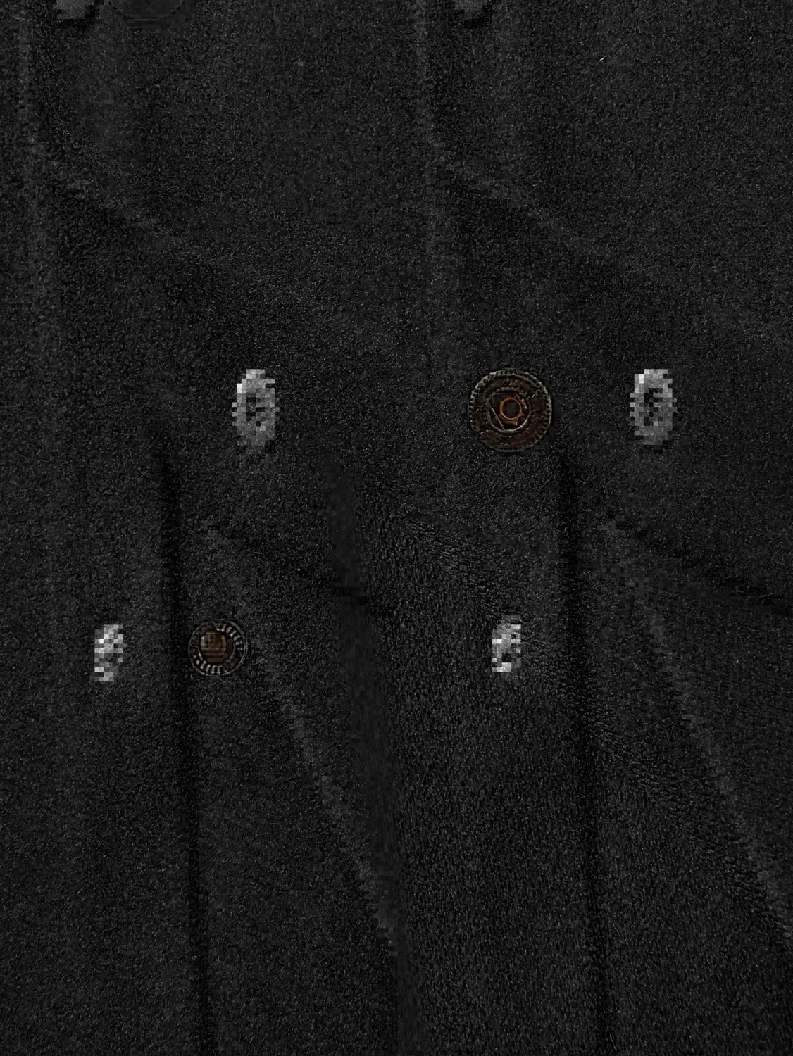 Men’s classic slim fit wool blend lapel jacket in black denim featuring silver and bronze buttons.