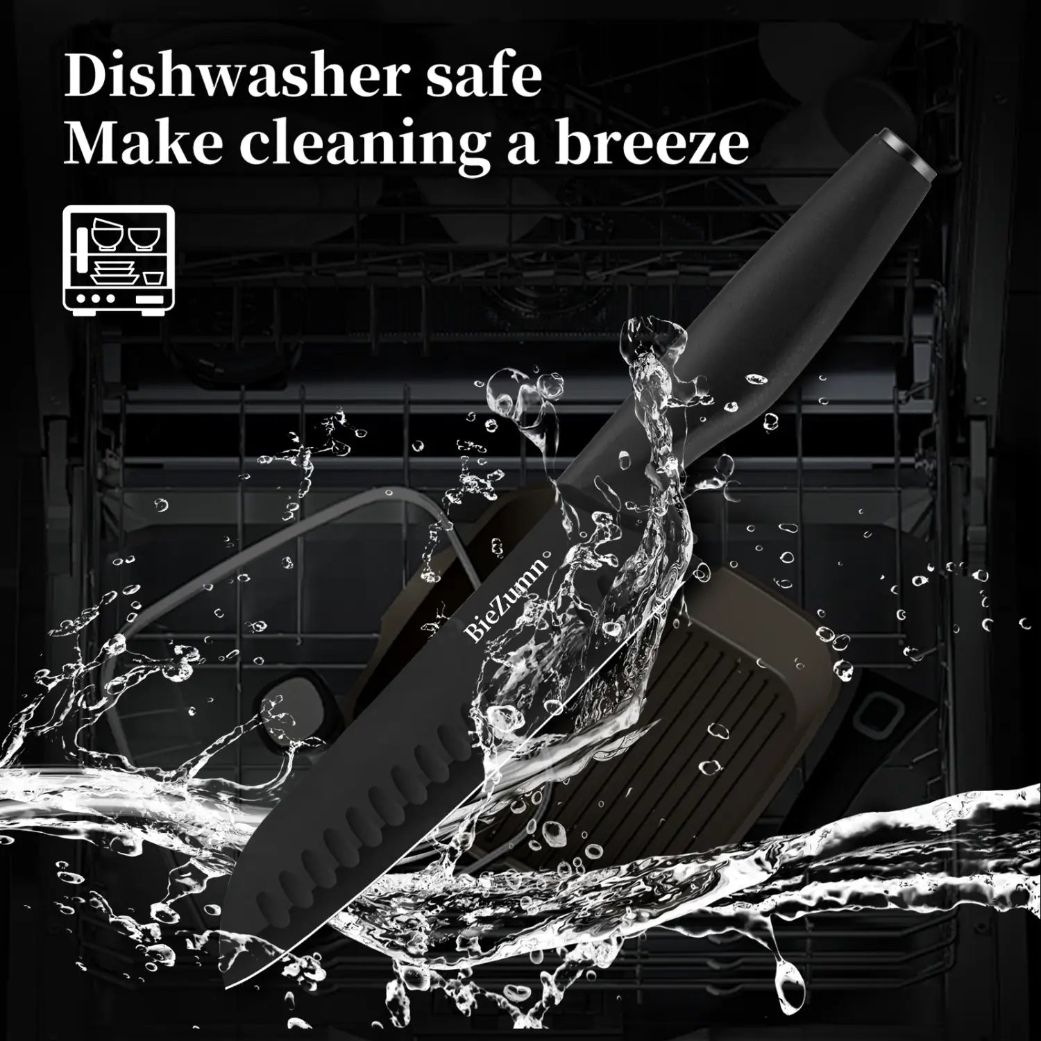Black ceramic knife with a sleek modern design and biezumr brand engraving included in the stainless steel knife set 15 piece chef block set.