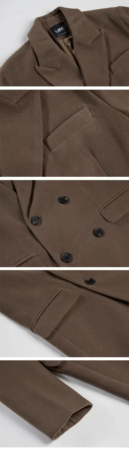 men wool overcoat double breasted winter jacket in brown wool featuring black buttons and a structured collar