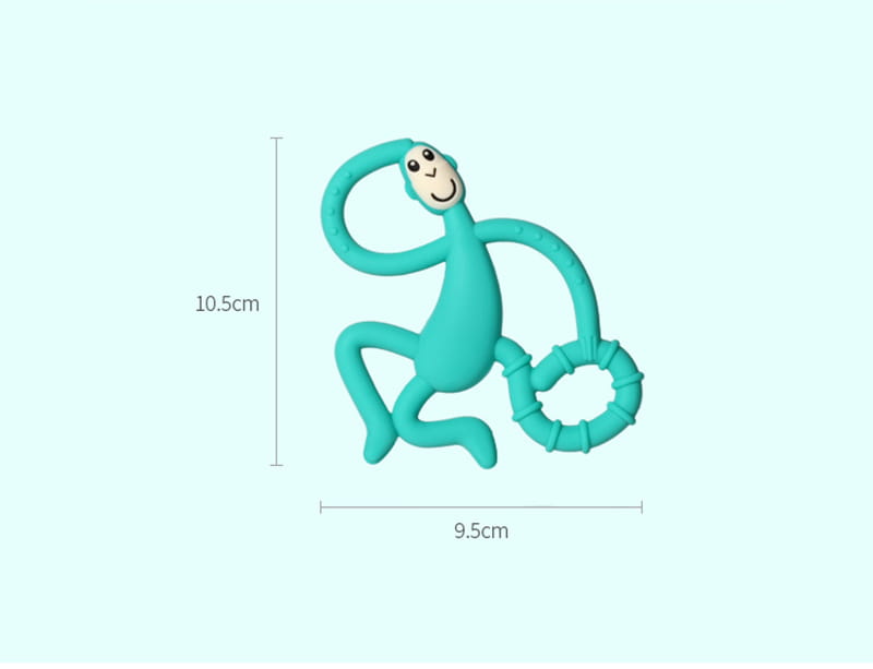 Teal silicone monkey teething toy with smiling face and ringed tail designed as a banana teether silicone baby toothbrush toy.