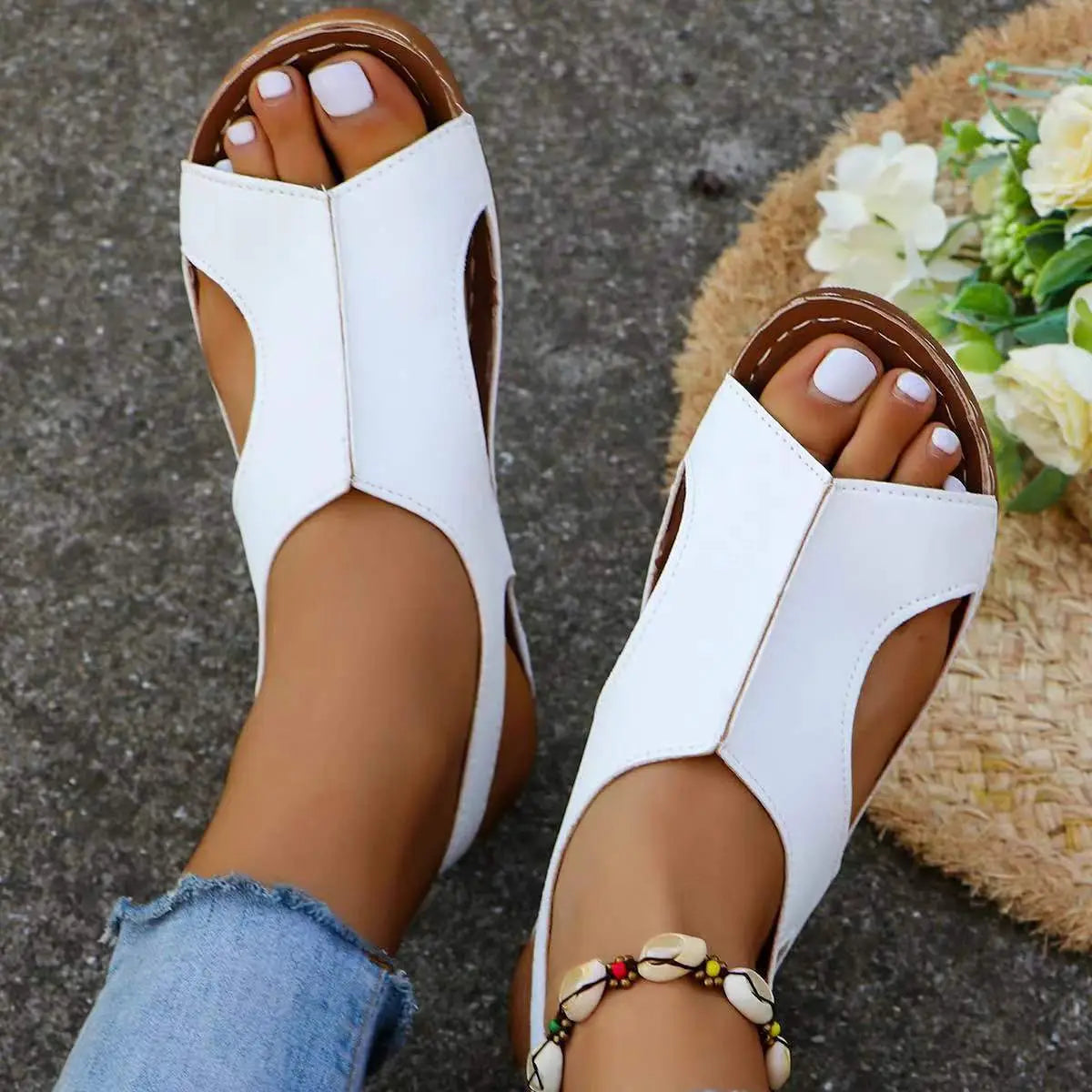 Tan recycled leather wedge sandals for women with elastic straps cutout details and white stitching for summer wear