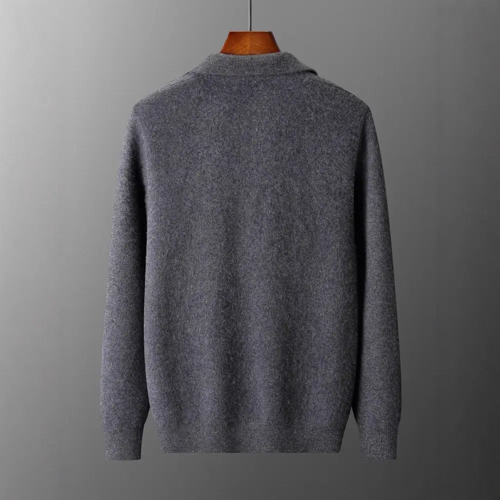 Men solid color warm knitted cardigan zip jacket in gray textured knit with ribbed collar and cuffs.