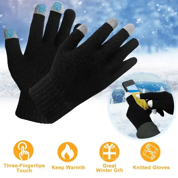 Black knitted touchscreen winter gloves with light blue and gray fingertips designed for warm texting use shown from the back side.